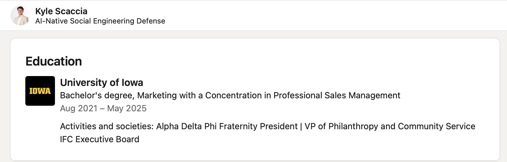 Kyle Scaccia — LinkedIn education section
